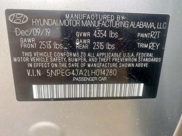Photo 10 from auction – 2020 HYUNDAI SONATA SE with VIN 5NPEG4JA2LH014280