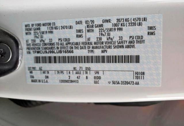 Photo 10 from auction – 2020 FORD ESCAPE TIT with VIN 1FMCU9J99LUB16566