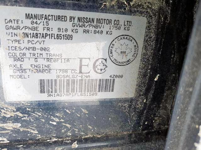Photo 9 from auction – 2015 NISSAN SENTRA S with VIN 3N1AB7AP1FL651509