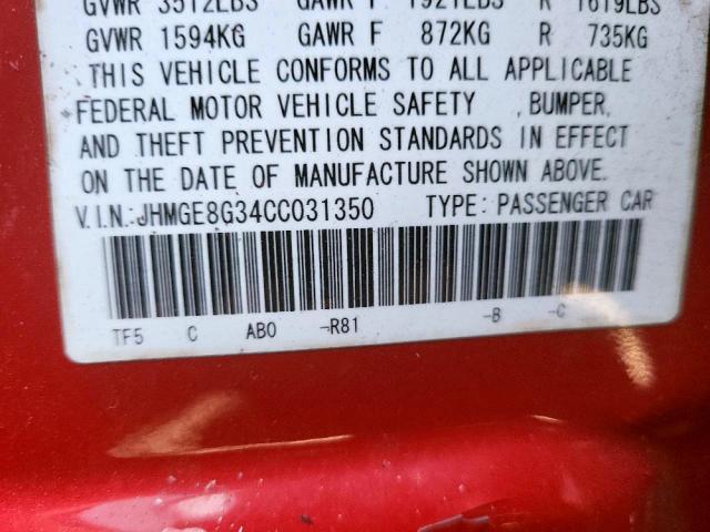 Photo 10 from auction – 2012 HONDA FIT with VIN JHMGE8G34CC031350