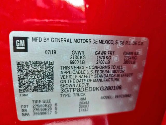 Photo 10 from auction – 2019 GMC SIERRA C15 with VIN 3GTP8DED9KG280106