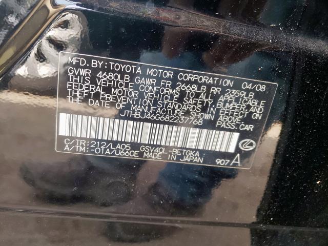 Photo 10 from auction – 2008 LEXUS ES 350 with VIN JTHBJ46G682237768