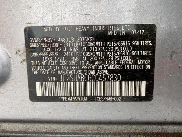 Photo 10 from auction – 2012 SUBARU FORESTER 2 with VIN JF2SHABC6CG457830