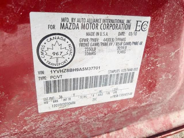 Photo 9 from auction – 2010 MAZDA 6 I with VIN 1YVHZ8BH9A5M37701