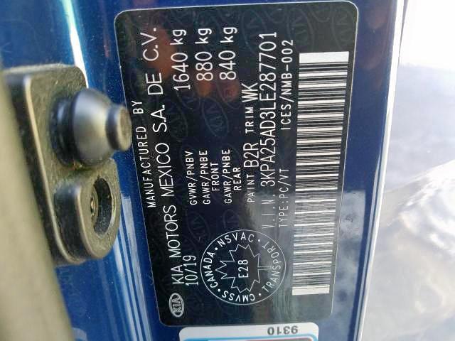 Photo 9 from auction – 2020 KIA RIO LX with VIN 3KPA25AD3LE287701