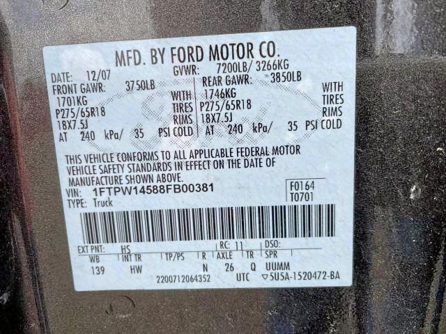 Photo 10 from auction – 2008 FORD F150 SUPER with VIN 1FTPW14588FB00381