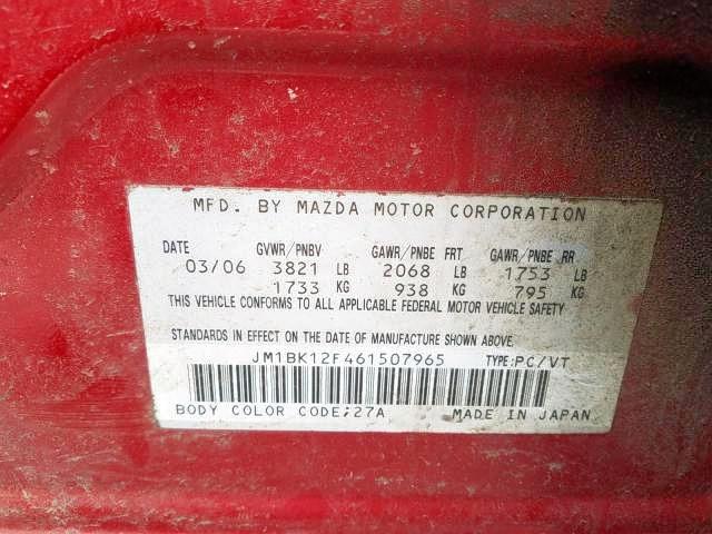 Photo 9 from auction – 2006 MAZDA 3 I with VIN JM1BK12F461507965