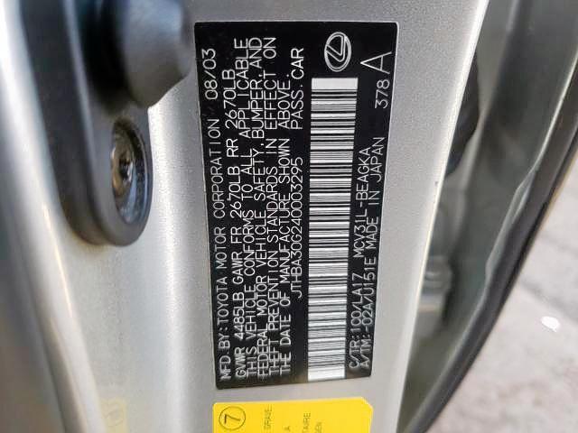 Photo 10 from auction – 2004 LEXUS ES 330 with VIN JTHBA30G240003295