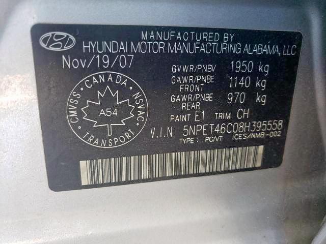 Photo 9 from auction – 2008 HYUNDAI SONATA GLS with VIN 5NPET46C08H395558