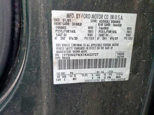 Photo 10 from auction – 2001 FORD F150 SUPER with VIN 1FTRW07WX1KA23727