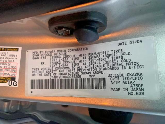 Photo 10 from auction – 2004 LEXUS GX 470 with VIN JTJBT20X040059206
