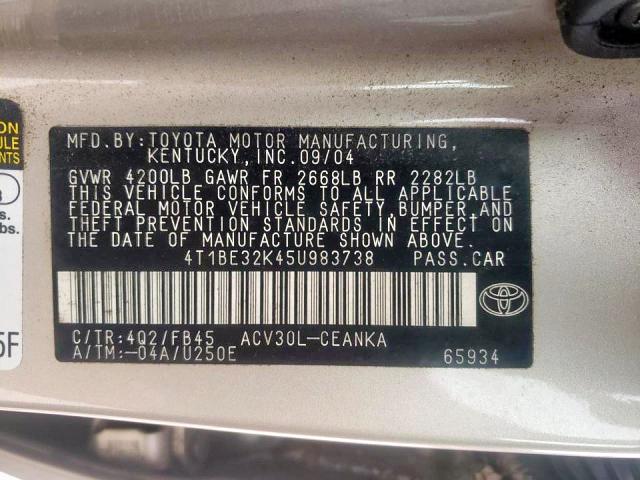 Photo 10 from auction – 2005 TOYOTA CAMRY LE with VIN 4T1BE32K45U983738