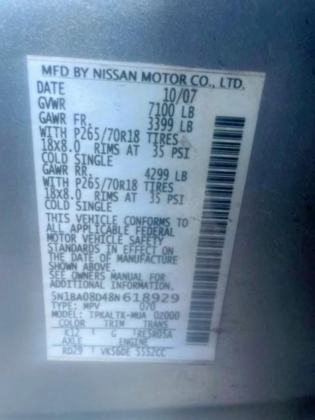 Photo 10 from auction – 2008 NISSAN ARMADA SE with VIN 5N1BA08D48N618929