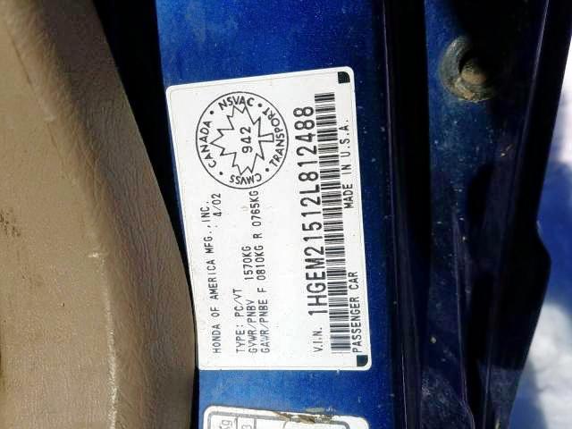 Photo 9 from auction – 2002 HONDA CIVIC LX with VIN 1HGEM21512L812488