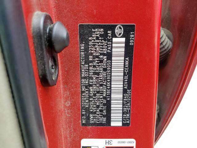 Photo 10 from auction – 2009 TOYOTA CAMRY BASE with VIN 4T1BE46K49U269050