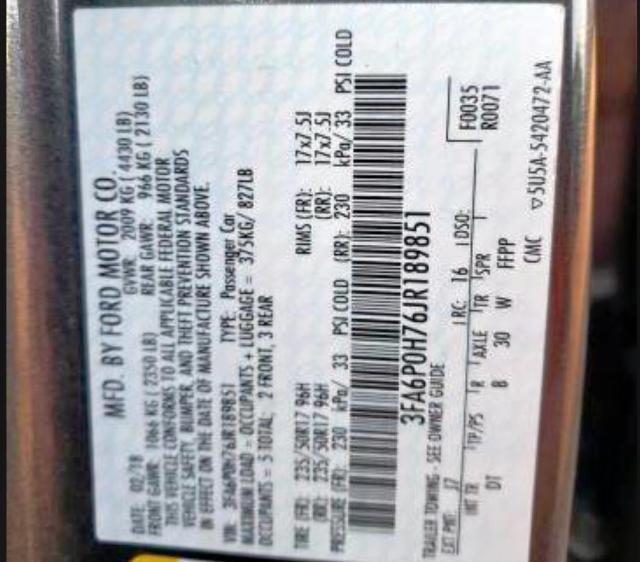 Photo 10 from auction – 2018 FORD FUSION SE with VIN 3FA6P0H76JR189851