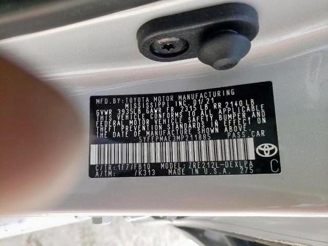 Photo 10 from auction – 2021 TOYOTA COROLLA LE with VIN 5YFEPMAE3MP211885