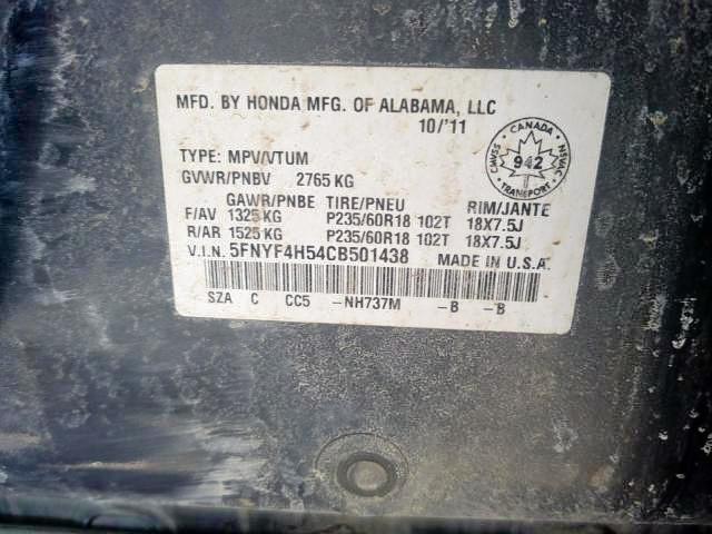 Photo 9 from auction – 2012 HONDA PILOT EXL with VIN 5FNYF4H54CB501438