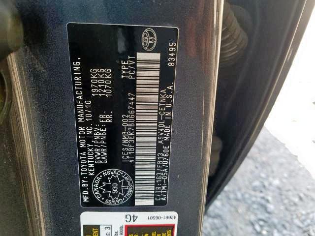 Photo 9 from auction – 2011 TOYOTA CAMRY LE with VIN 4T1BF3EK7BU667447