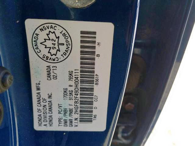 Photo 9 from auction – 2013 HONDA CIVIC LX with VIN 2HGFB2F49DH004111