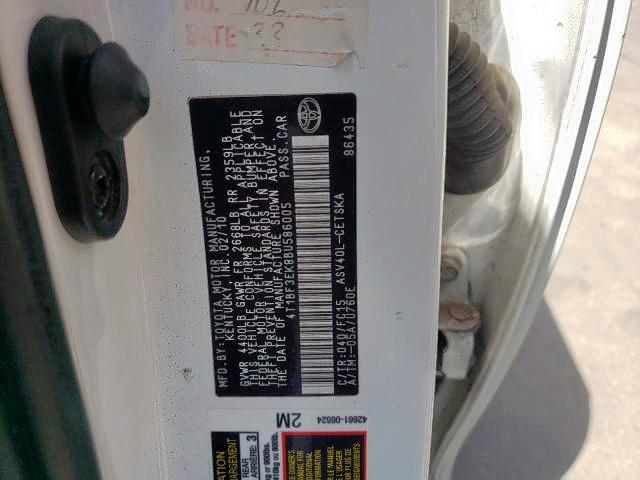 Photo 10 from auction – 2011 TOYOTA CAMRY SE A with VIN 4T1BF3EK8BU586005