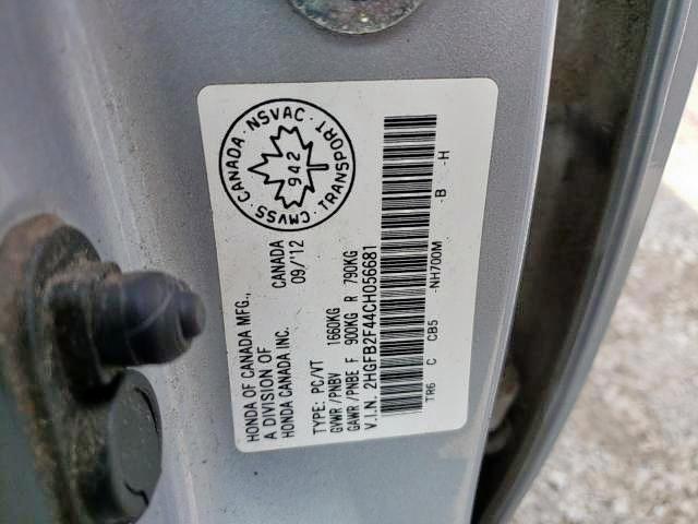 Photo 9 from auction – 2012 HONDA CIVIC LX with VIN 2HGFB2F44CH056681