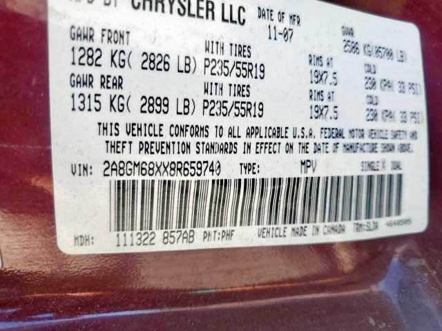 Photo 10 from auction – 2008 CHRYSLER PACIFICA T with VIN 2A8GM68XX8R659740
