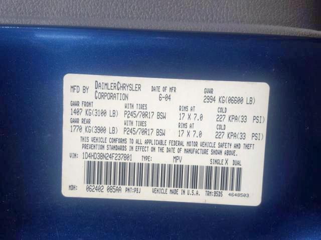 Photo 10 from auction – 2004 DODGE DURANGO ST with VIN 1D4HD38N24F237801