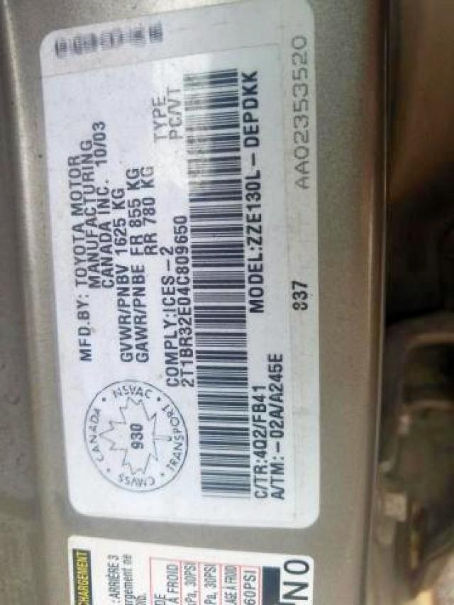 Photo 9 from auction – 2004 TOYOTA COROLLA CE with VIN 2T1BR32E04C809650