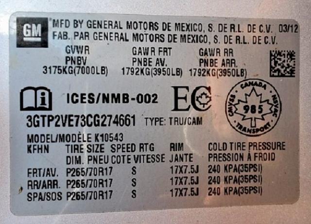 Photo 10 from auction – 2012 GMC SIERRA K15 with VIN 3GTP2VE73CG274661