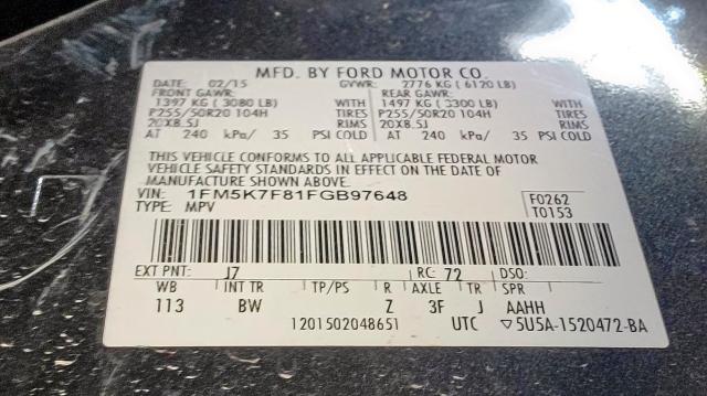 Photo 10 from auction – 2015 FORD EXPLORER L with VIN 1FM5K7F81FGB97648