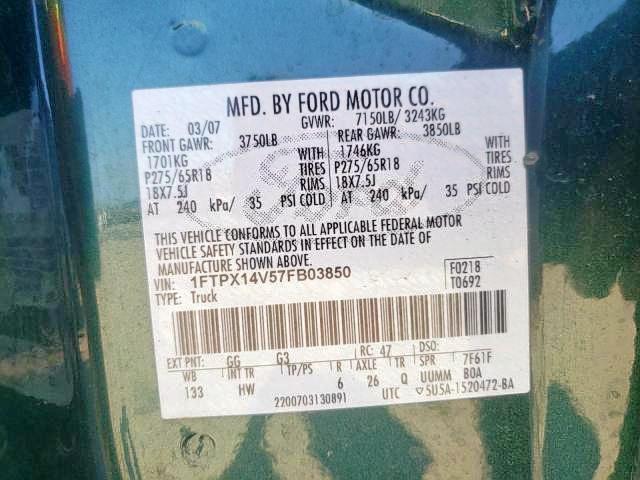 Photo 10 from auction – 2007 FORD F150 with VIN 1FTPX14V57FB03850