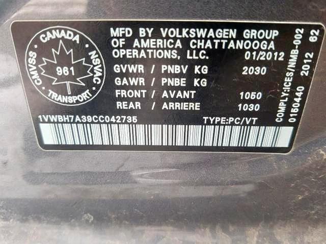 Photo 9 from auction – 2012 VOLKSWAGEN PASSAT SE with VIN 1VWBH7A39CC042735