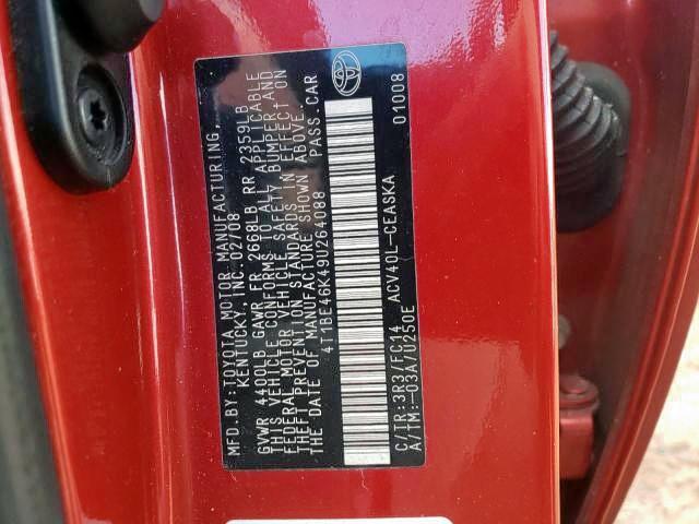 Photo 6 from auction – 2009 TOYOTA CAMRY BASE with VIN 4T1BE46K49U264088