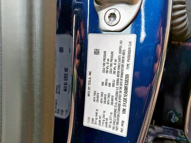 Photo 10 from auction – 2021 TESLA MODEL 3 with VIN 5YJ3E1EA6MF838269