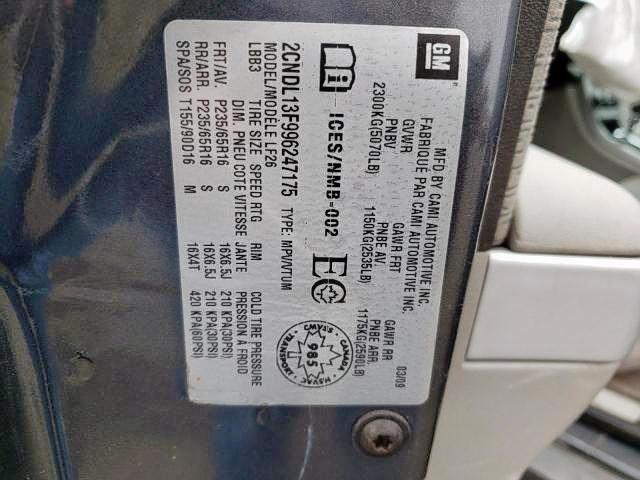 Photo 9 from auction – 2009 CHEVROLET EQUINOX LS with VIN 2CNDL13F996247175