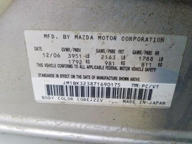 Photo 9 from auction – 2007 MAZDA 3 S with VIN JM1BK323871690175