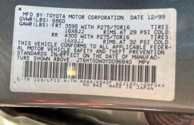 Photo 10 from auction – 2000 LEXUS LX 470 with VIN JT6HT00W3Y0096840