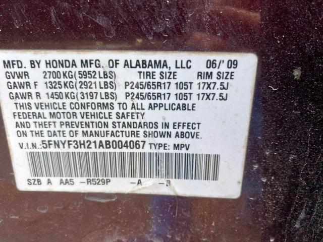 Photo 10 from auction – 2010 HONDA PILOT LX with VIN 5FNYF3H21AB004067