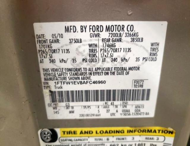 Photo 10 from auction – 2010 FORD F150 SUPER with VIN 1FTFW1EV8AFC46960