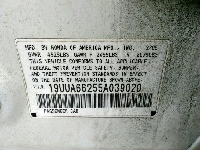 Photo 10 from auction – 2005 ACURA TL with VIN 19UUA66255A039020