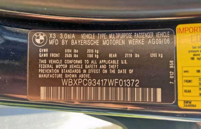Photo 10 from auction – 2007 BMW X3 3.0SI with VIN WBXPC93417WF01372