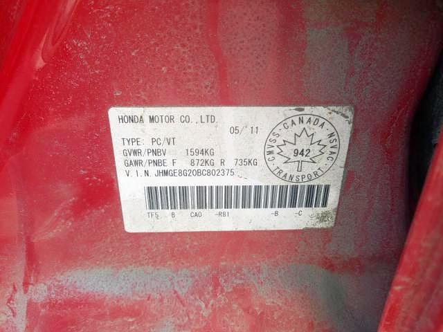 Photo 9 from auction – 2011 HONDA FIT with VIN JHMGE8G20BC802375