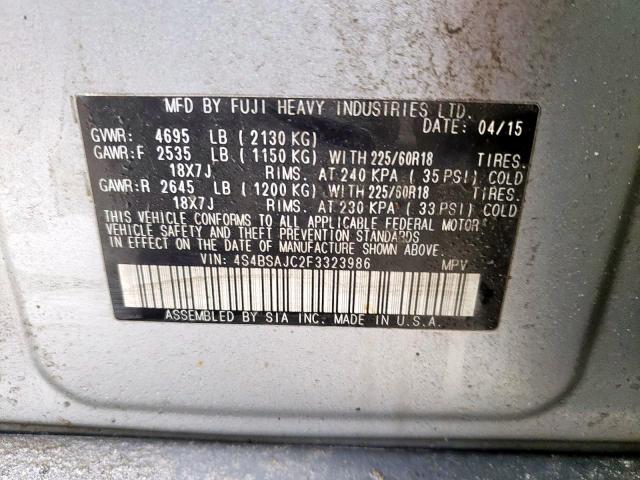 Photo 10 from auction – 2015 SUBARU OUTBACK 2. with VIN 4S4BSAJC2F3323986