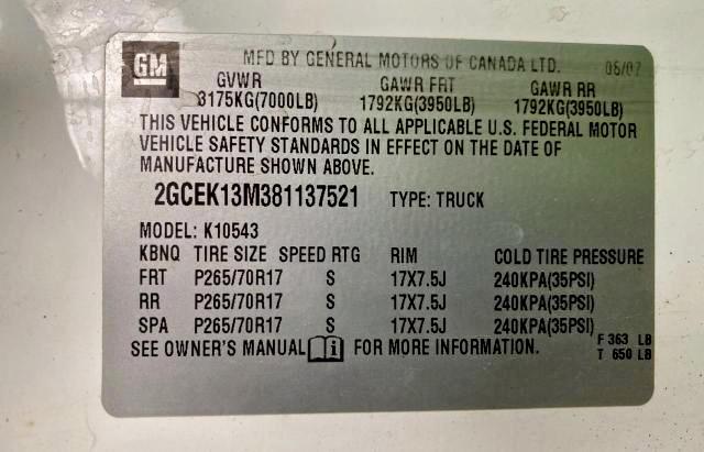 Photo 10 from auction – 2008 CHEVROLET SILVERADO with VIN 2GCEK13M381137521
