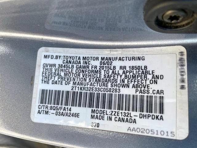 Photo 10 from auction – 2003 TOYOTA COROLLA MA with VIN 2T1KR32E33C058283