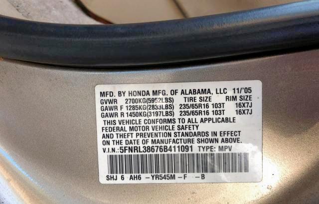 Photo 9 from auction – 2006 HONDA ODYSSEY EX with VIN 5FNRL38676B411091