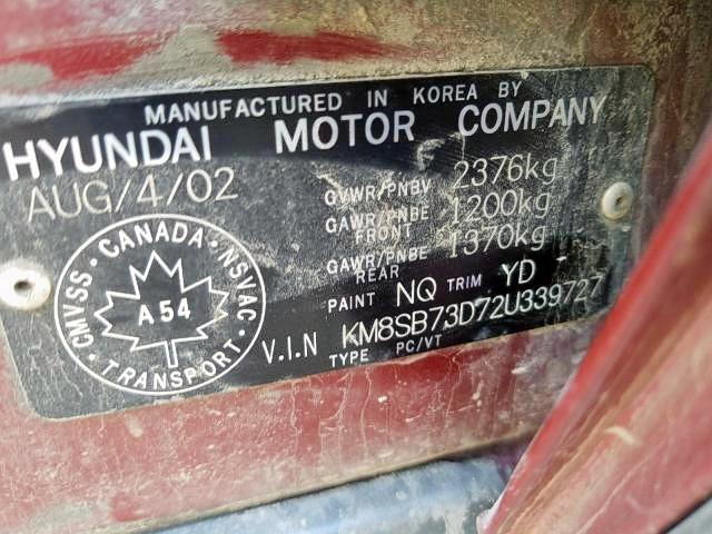Photo 9 from auction – 2002 HYUNDAI SANTA FE with VIN KM8SB73D72U339727