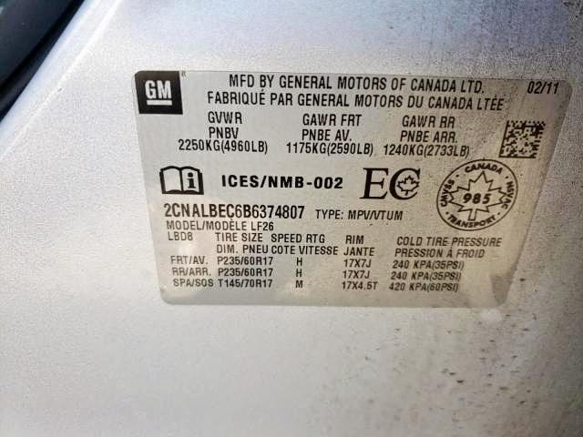 Photo 9 from auction – 2011 CHEVROLET EQUINOX LS with VIN 2CNALBEC6B6374807