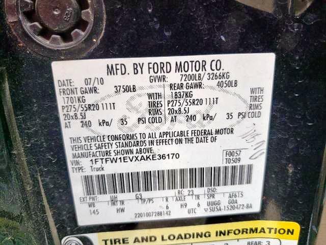 Photo 10 from auction – 2010 FORD F150 SUPER with VIN 1FTFW1EVXAKE36170